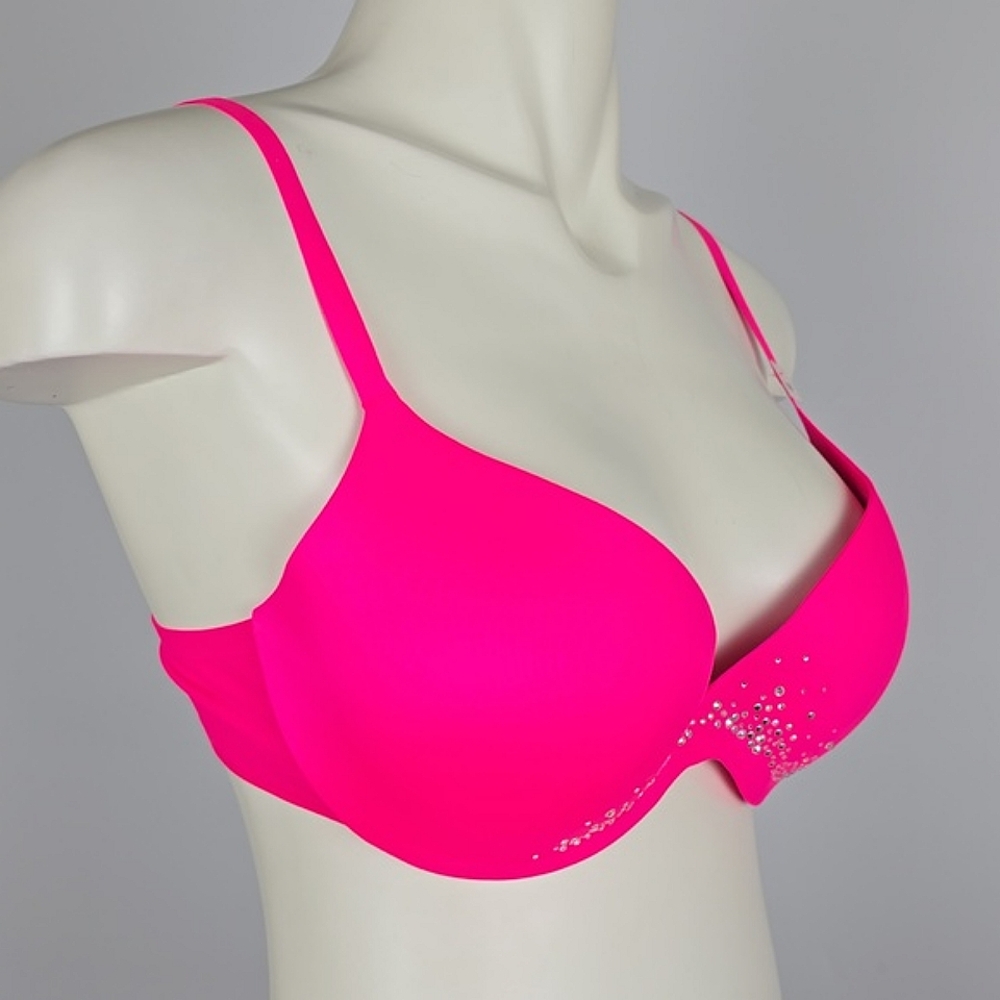 Victoria's Secret Bright Pink Underwire Push Up Bra Rhinestones Size 36B